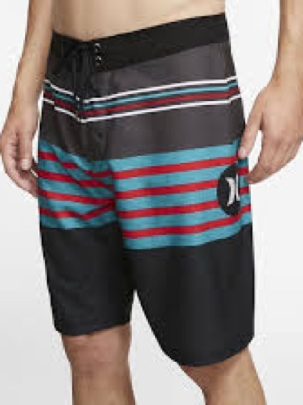 NWT Hurley Black Swim Trunk Board Trunks w/Teal Red White Stripes Size: 36